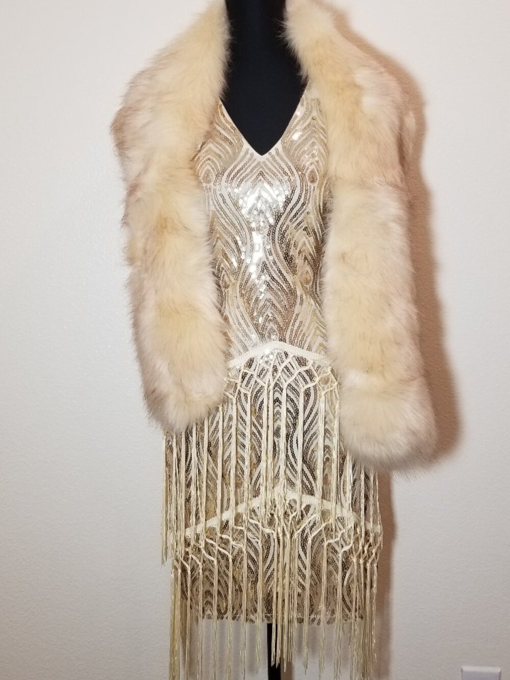 Babeyond Womens XS Gold Sequin Fringe 1920s Flapper Dress Stoll & Accessories